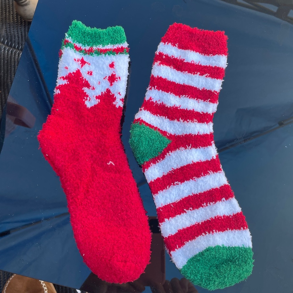 Cozy Holiday Fuzzy Socks - Red, White & Green, 9-11, 2 pair